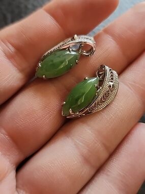 VTG Green Jade Marquise Sterling Screw-Back Earrings